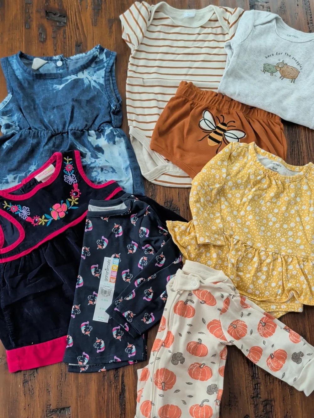 Bundle of Eight Baby Girl Items Dress, Rompers, Sleeper Size 6M and 6-9M